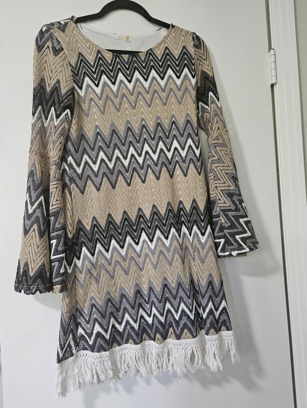 Tacera Chevron Zig Zag Boho Long Sleeve Mini Dress Fringed Hem Size Large